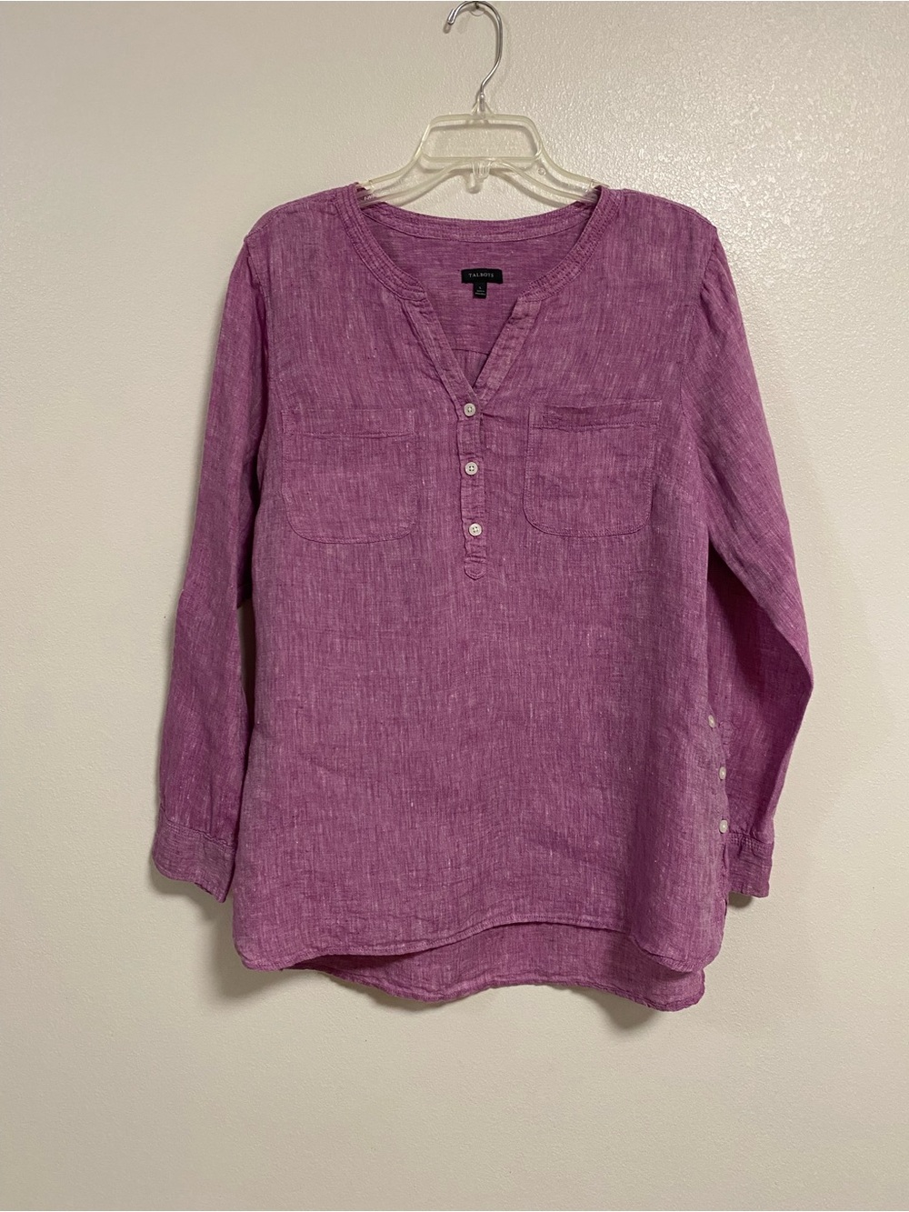 Talbots Tunic Shirt Women’s Size Large Purple Linen Henley Tunic Top Long Sleeve